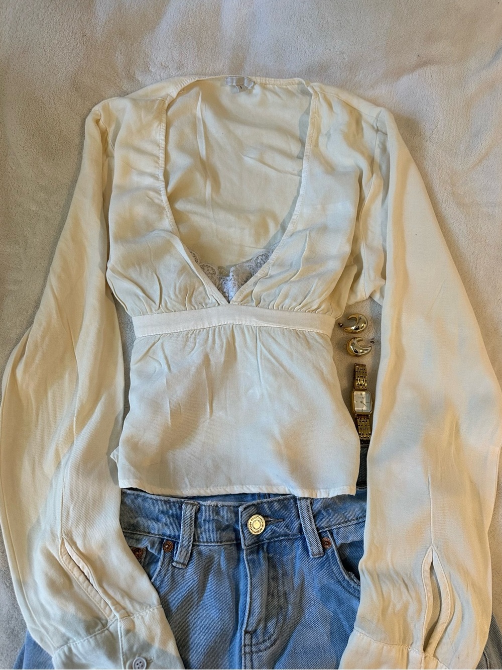Brandy Melville Cream Plunging V-Neck Tie-Back Long Sleeve Top